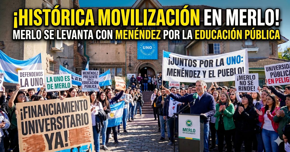 Intendente Gustavo Menéndez liderando la multitudinaria Marcha Universitaria en la UNO de Merlo defendiendo la educación pública frente al ajuste.