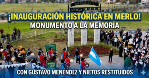 Inauguración histórica del Monumento a la Memoria en Merlo con Gustavo Menéndez, nietos restituidos y multitud de vecinos.