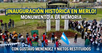 Inauguración histórica del Monumento a la Memoria en Merlo con Gustavo Menéndez, nietos restituidos y multitud de vecinos.