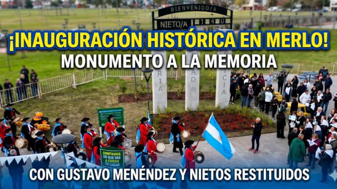 Inauguración histórica del Monumento a la Memoria en Merlo con Gustavo Menéndez, nietos restituidos y multitud de vecinos.