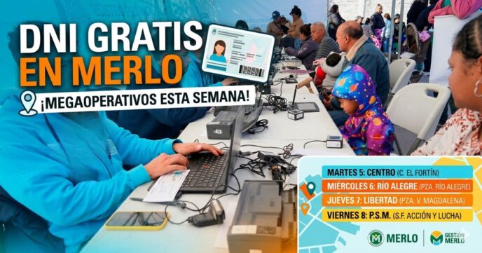 Miniatura de noticia sobre megaoperativos de DNI gratis en Merlo, con un gran titular en amarillo y blanco '¡ATENCIÓN MERLO! DNI NUEVO Y GRATIS ESTA SEMANA EN TU BARRIO', y una lista de fechas y ubicaciones detalladas, junto con fotos de personal atendiendo vecinos en una mesa.