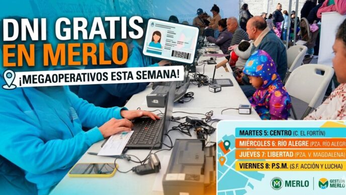 Miniatura de noticia sobre megaoperativos de DNI gratis en Merlo, con un gran titular en amarillo y blanco '¡ATENCIÓN MERLO! DNI NUEVO Y GRATIS ESTA SEMANA EN TU BARRIO', y una lista de fechas y ubicaciones detalladas, junto con fotos de personal atendiendo vecinos en una mesa.