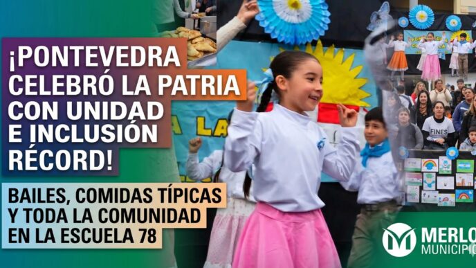 Acto multitudinario del 25 de Mayo en Merlo: celebración patria, inclusión y unidad en la Escuela 78 de Pontevedra junto a Gustavo Menéndez.