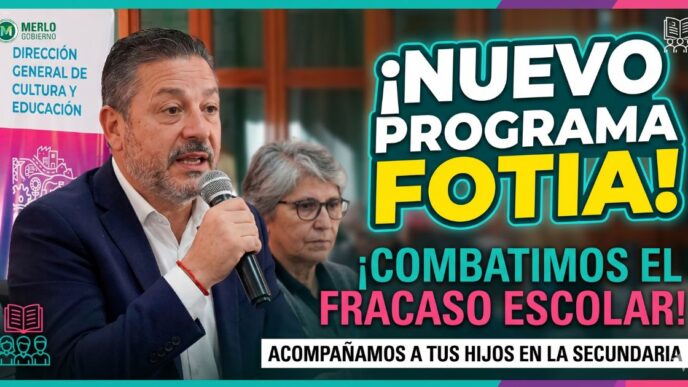 Intendente Gustavo Menéndez lanza el Programa FOTIA en Merlo para combatir el fracaso escolar y ayudar a estudiantes secundarios.