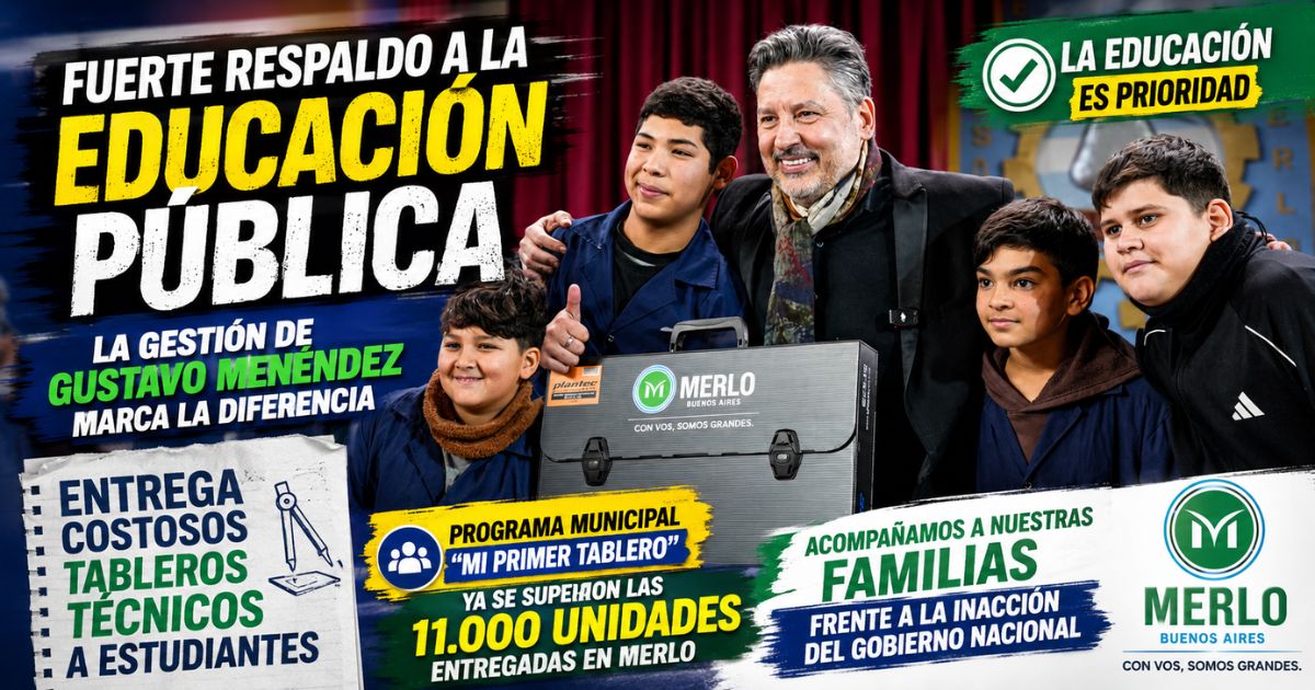 Intendente Gustavo Menéndez entregando tableros técnicos gratuitos a estudiantes en Merlo. Programa Mi Primer Tablero.