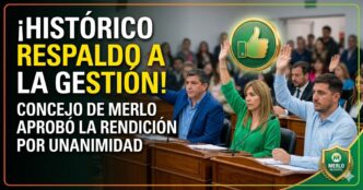 Concejales del Concejo Deliberante de Merlo levantando la mano para aprobar por unanimidad la gestión municipal en una sesión histórica.