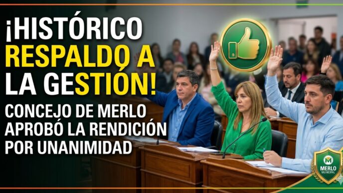Concejales del Concejo Deliberante de Merlo levantando la mano para aprobar por unanimidad la gestión municipal en una sesión histórica.
