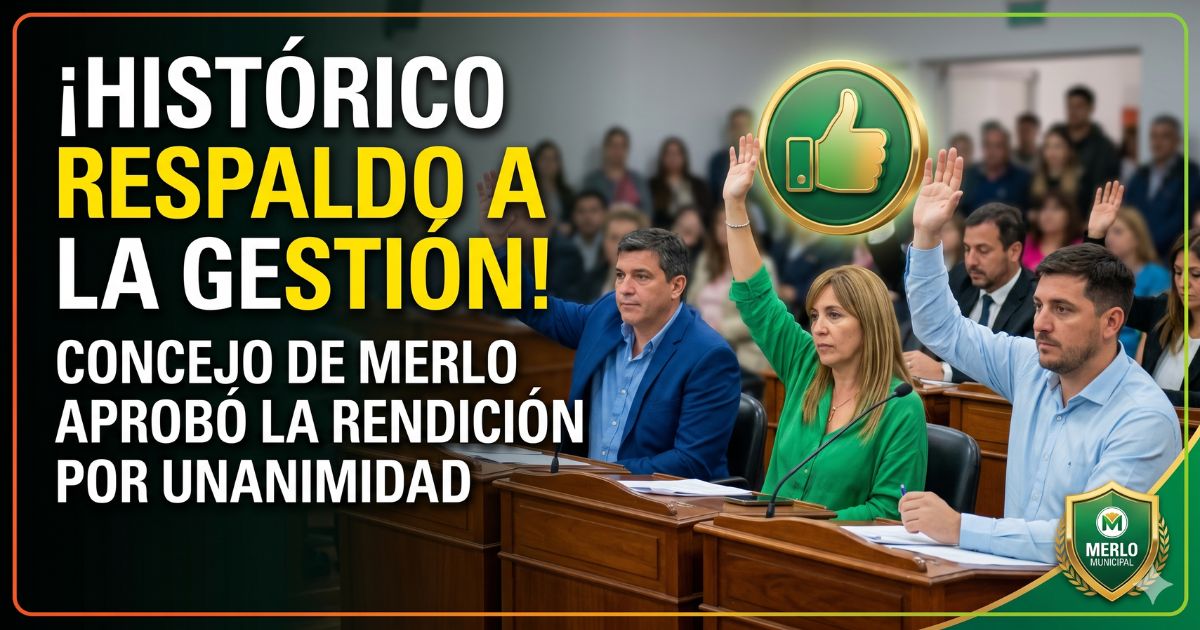 Concejales del Concejo Deliberante de Merlo levantando la mano para aprobar por unanimidad la gestión municipal en una sesión histórica.