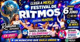 Festival de Ritmos Mundial en Merlo con Romina Dipierro y sus alumnos. Evento solidario de danza, música y alegría en el Teatro Municipal con entrada a beneficio mediante la donación de artículos de limpieza.