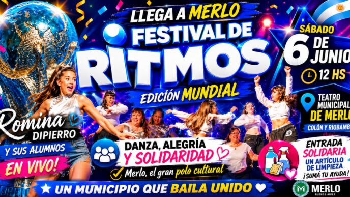 Festival de Ritmos Mundial en Merlo con Romina Dipierro y sus alumnos. Evento solidario de danza, música y alegría en el Teatro Municipal con entrada a beneficio mediante la donación de artículos de limpieza.