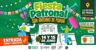 Cartel oficial de la Fiesta Patronal San Antonio de Padua 2026 en Merlo, con shows y entrada gratuita