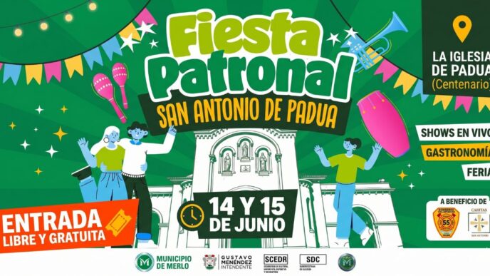 Cartel oficial de la Fiesta Patronal San Antonio de Padua 2026 en Merlo, con shows y entrada gratuita