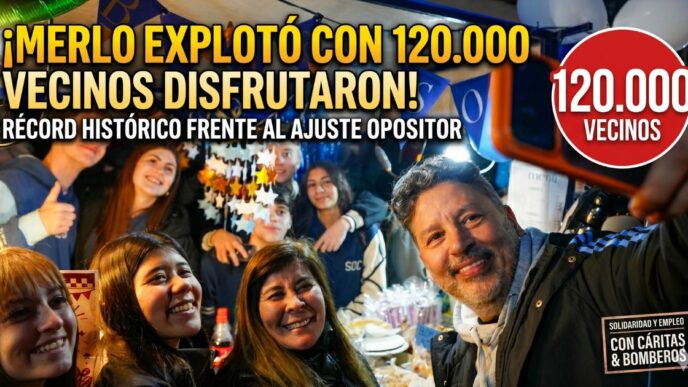El intendente Gustavo Menéndez se saca una selfie con una multitud de vecinos sonrientes en la exitosa e histórica Fiesta de Padua en Merlo.