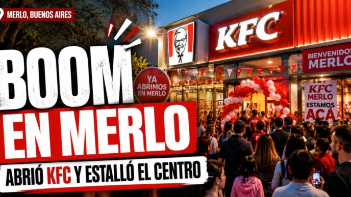 Miniatura de la noticia sobre la apertura del primer KFC en Merlo, Buenos Aires, con vecinos reunidos en el centro y el título “Boom en Merlo”.