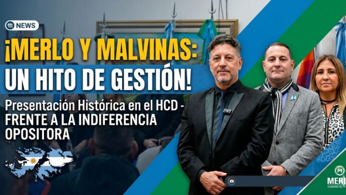 Intendente Gustavo Menéndez junto a autoridades en la histórica presentación de un libro sobre Malvinas en Merlo. Una demostración de soberanía y gestión peronista frente al olvido de la oposición.