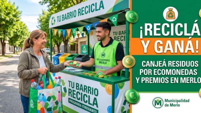 Vecina de Merlo entregando materiales reciclables en el stand de Tu Barrio Recicla a cambio de Ecomonedas y premios.