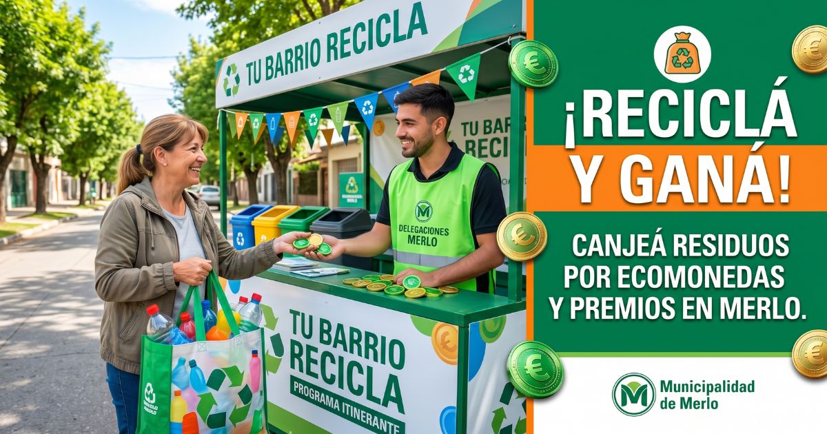 Vecina de Merlo entregando materiales reciclables en el stand de Tu Barrio Recicla a cambio de Ecomonedas y premios.