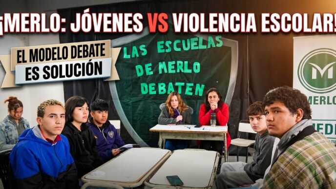 Estudiantes de secundaria en Merlo debatiendo estrategias contra la violencia escolar. Un modelo de educación pública exitoso impulsado por el municipio frente al ajuste.